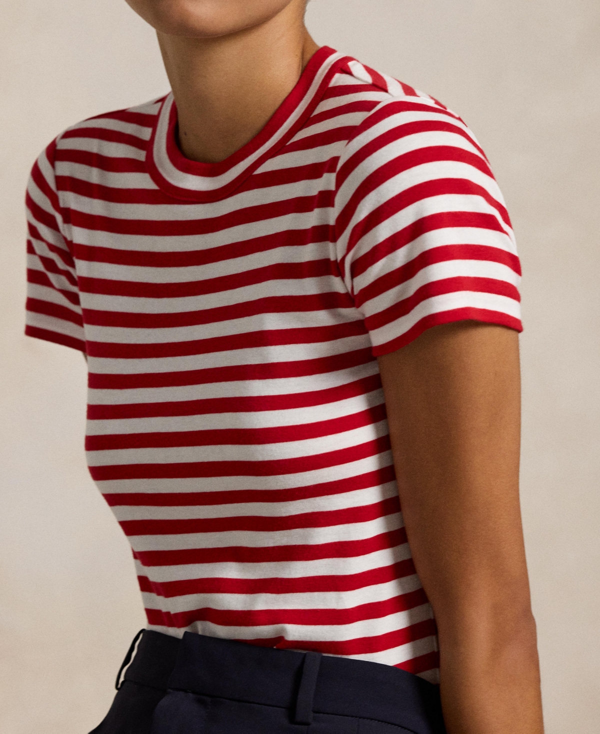Polo Ralph Lauren Striped Ribbed Cotton Crewneck Tee In Red,white