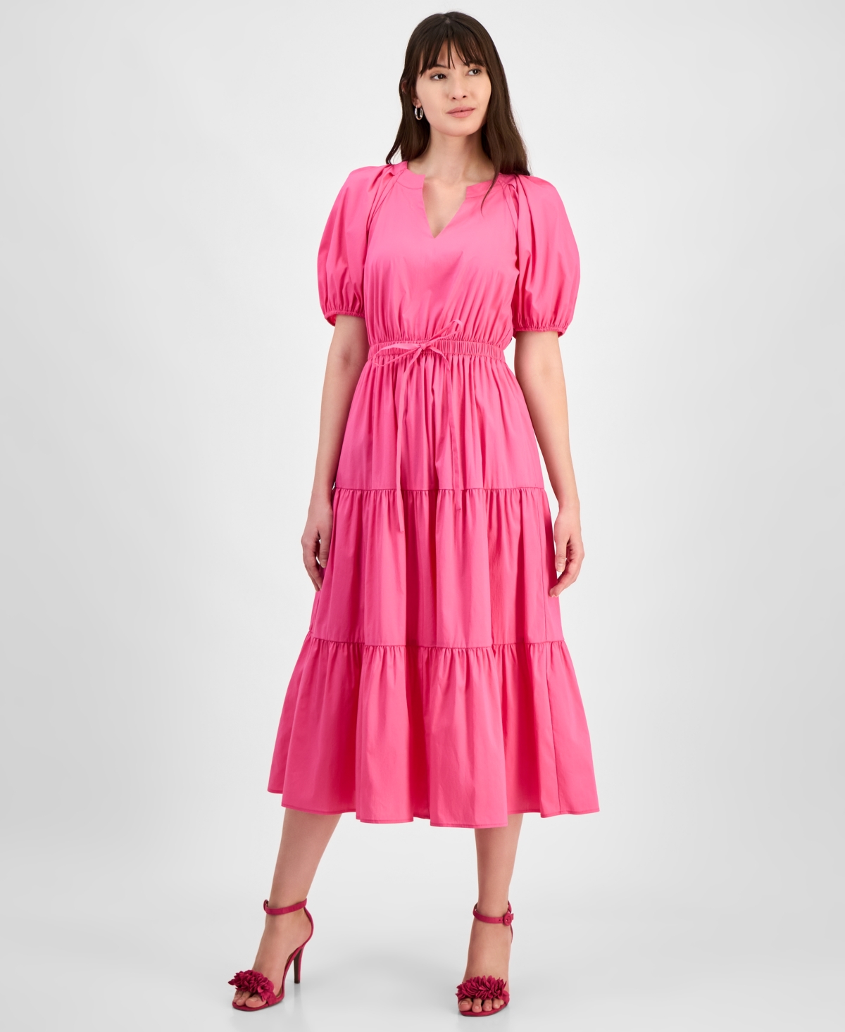 Women's Tiered Tie-Waist Puffed-Sleeve Dress - Carmine Rose
