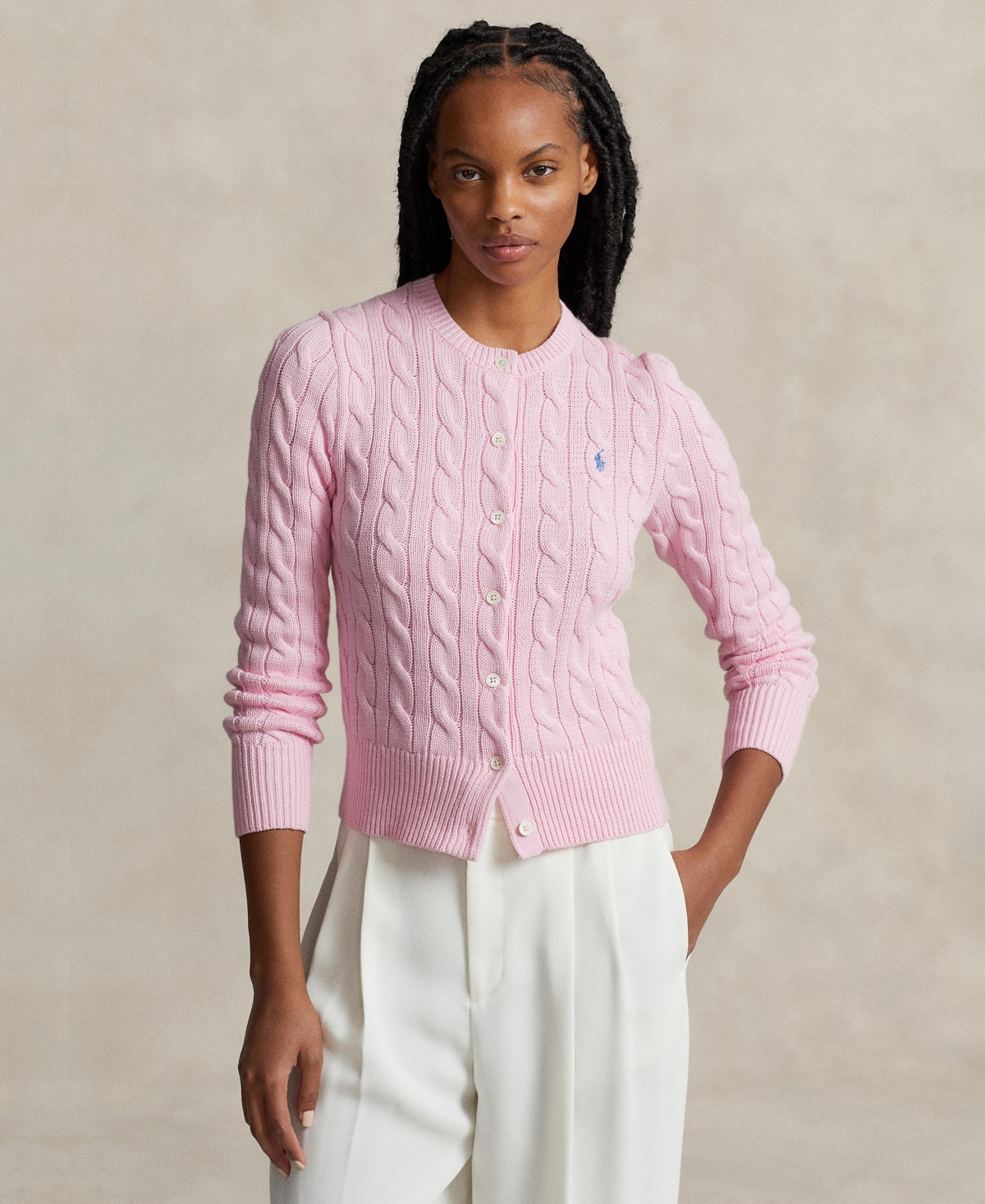 Shop Polo Ralph Lauren Women's Cable-knit Cotton Crewneck Cardigan Sweater In Carmel Pink
