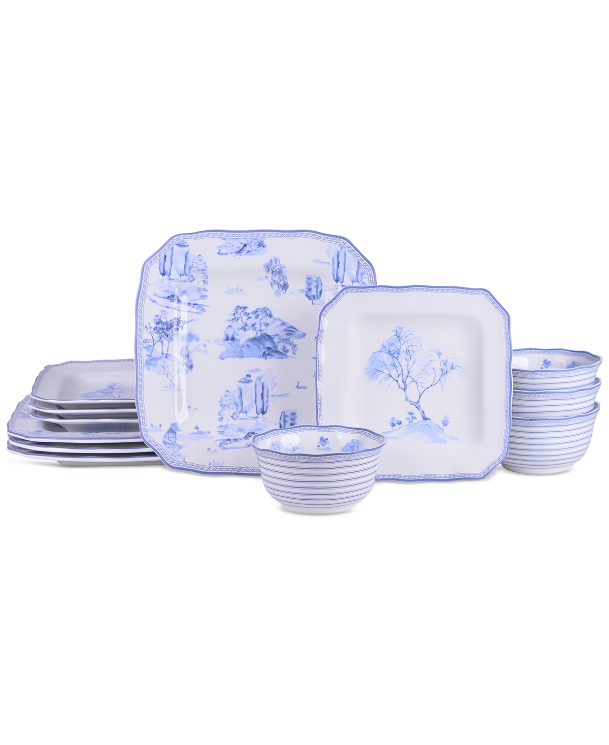 Scenic Toile Blue Porcelain 12 Pc. Dinnerware Set, Service for 4 - Blue