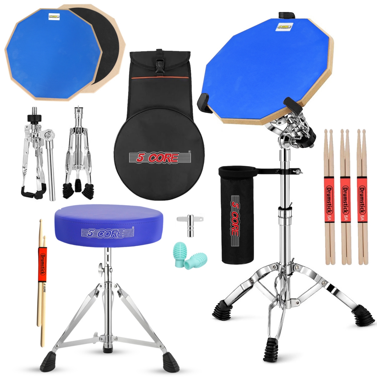 5 Core Drum Throne Adjustable Guitar Stool Padded Seat + Drum Practice Pad Snare Drumming Stand