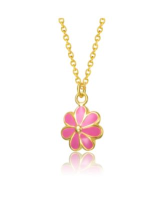 14k Gold Plated Fuchsia-Red Daisy Flower Drop Charm Necklace