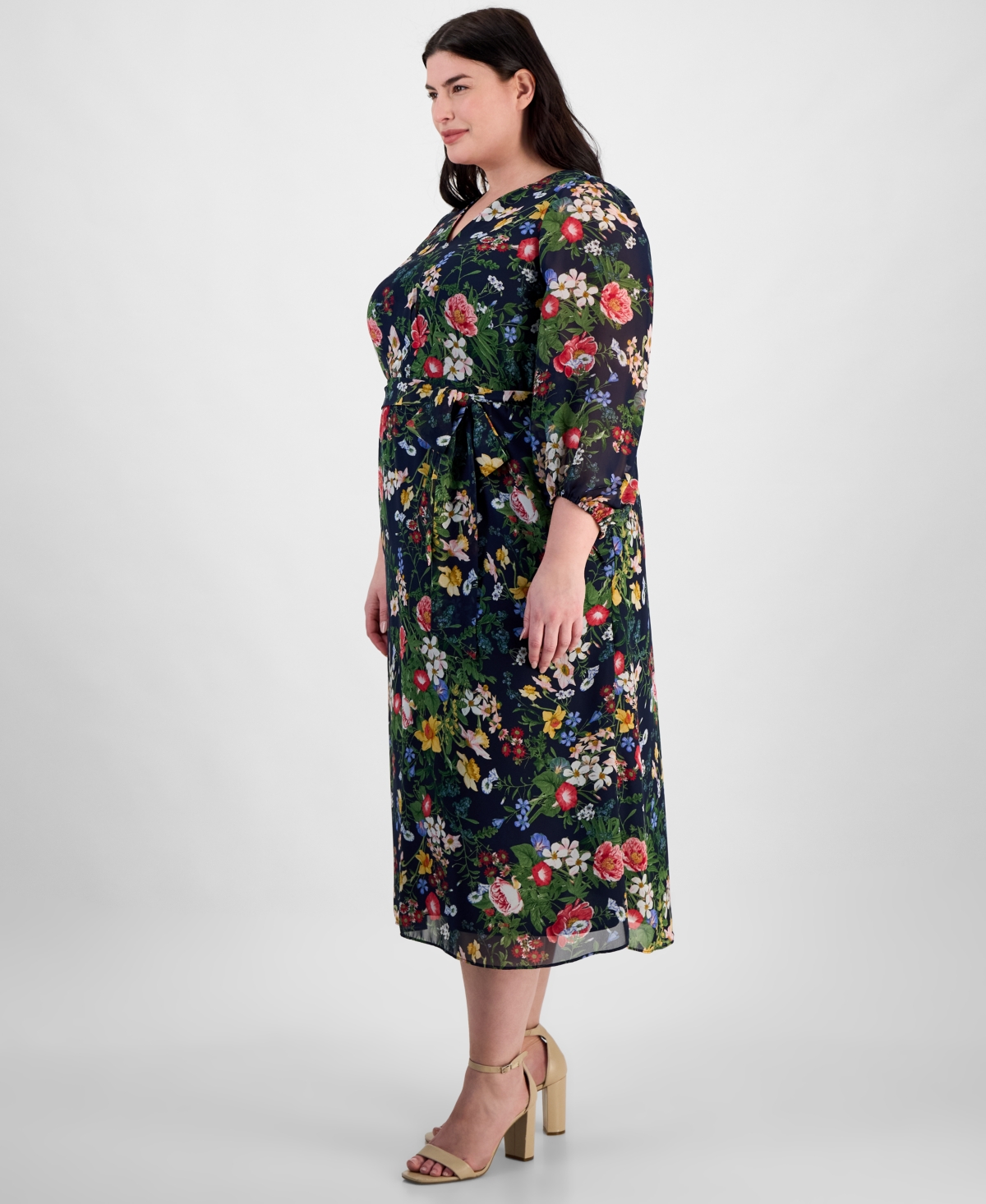Anne Klein Floral Print Long Sleeve Chiffon Midi Dress In Distant Mountain Multi