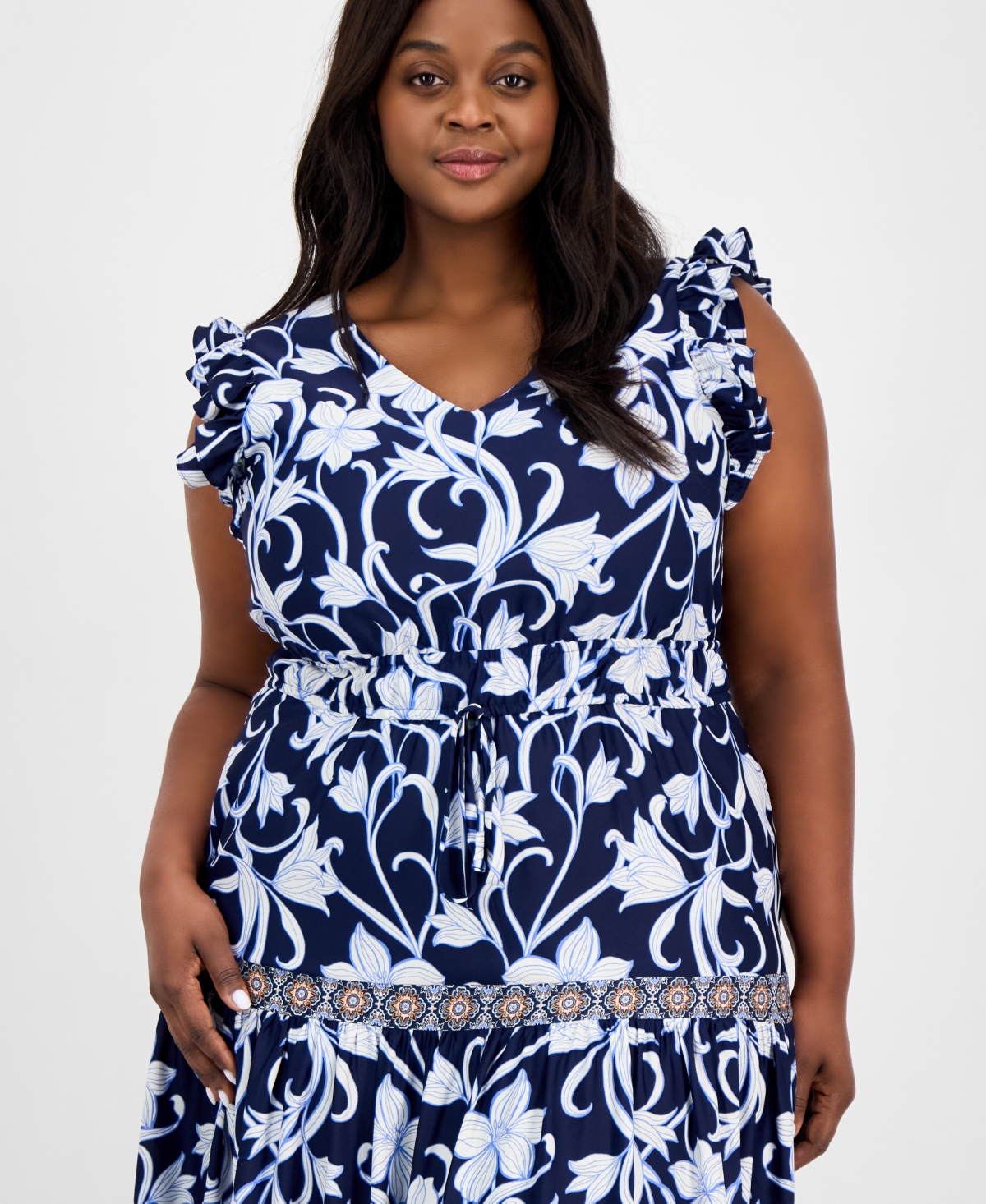 Anne Klein Floral Print Ruffle Tie Waist Maxi Dress In Distant Mountain Multi