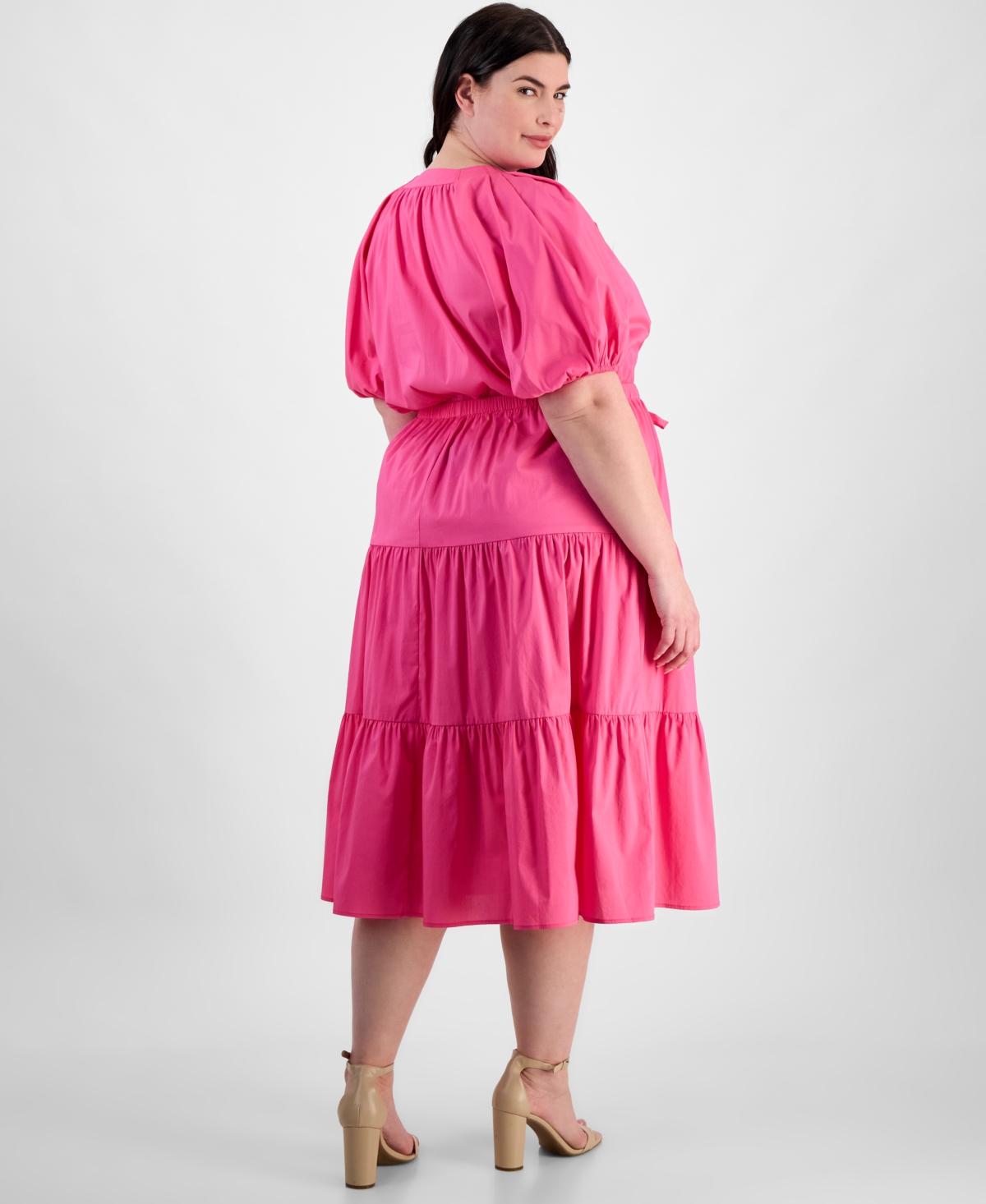 Anne Klein Plus Size Puff-sleeve Tiered Midi Dress In Carmine Rose