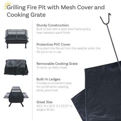 Steel Grilling Fire Pit with Mesh Spark Screen and Protective PVC Cover - Black - 36." W x 32.5" D x 23.75" H