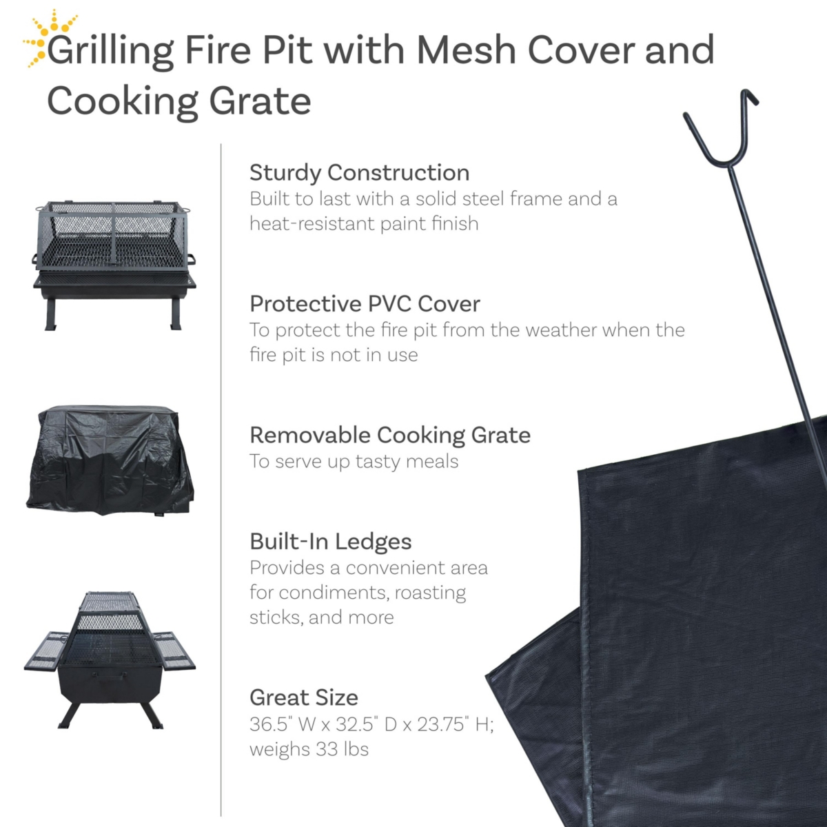 Steel Grilling Fire Pit with Mesh Spark Screen and Protective Pvc Cover - Black - 36." W x 32.5" D x 23.75" H