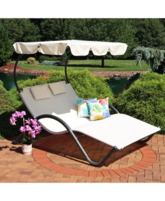 Outdoor Double Chaise Lounge with Canopy Shade and Headrest Pillows, Beige