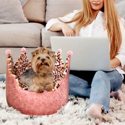 Dream Black Label Leopard Print Crown Dog Bed - Washable Round Cat Bed, Elegant Royal Design Indoor Cuddler Pet Beds for Puppy and Kitten