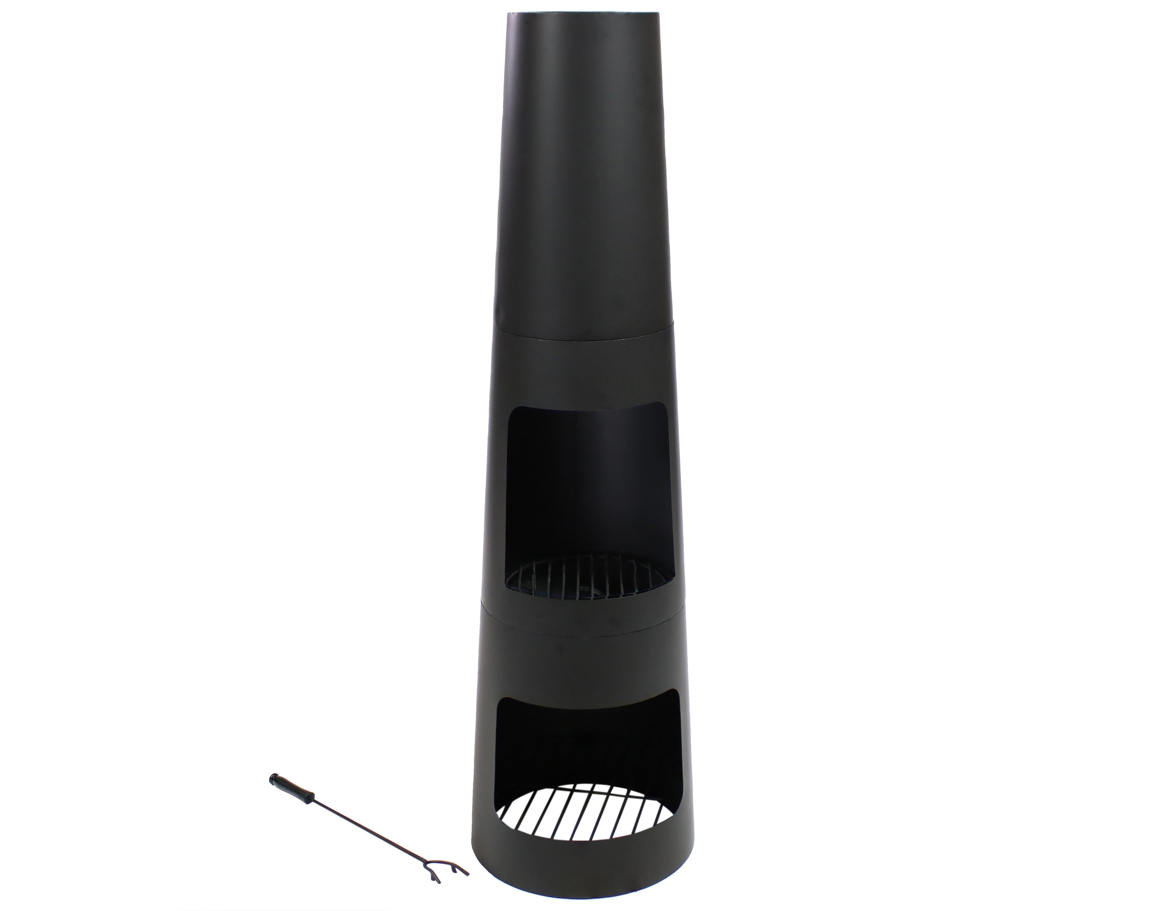 Outdoor Backyard Heavy-Duty Steel Modern Wood-Burning Fire Pit Chiminea with Built-In Log Storage - 49" - Black