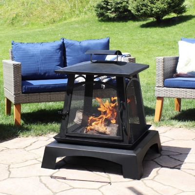 Outdoor Camping or Backyard Steel Pagoda Style Fire Pit with Log Poker and Wood Grate - 32" - Black