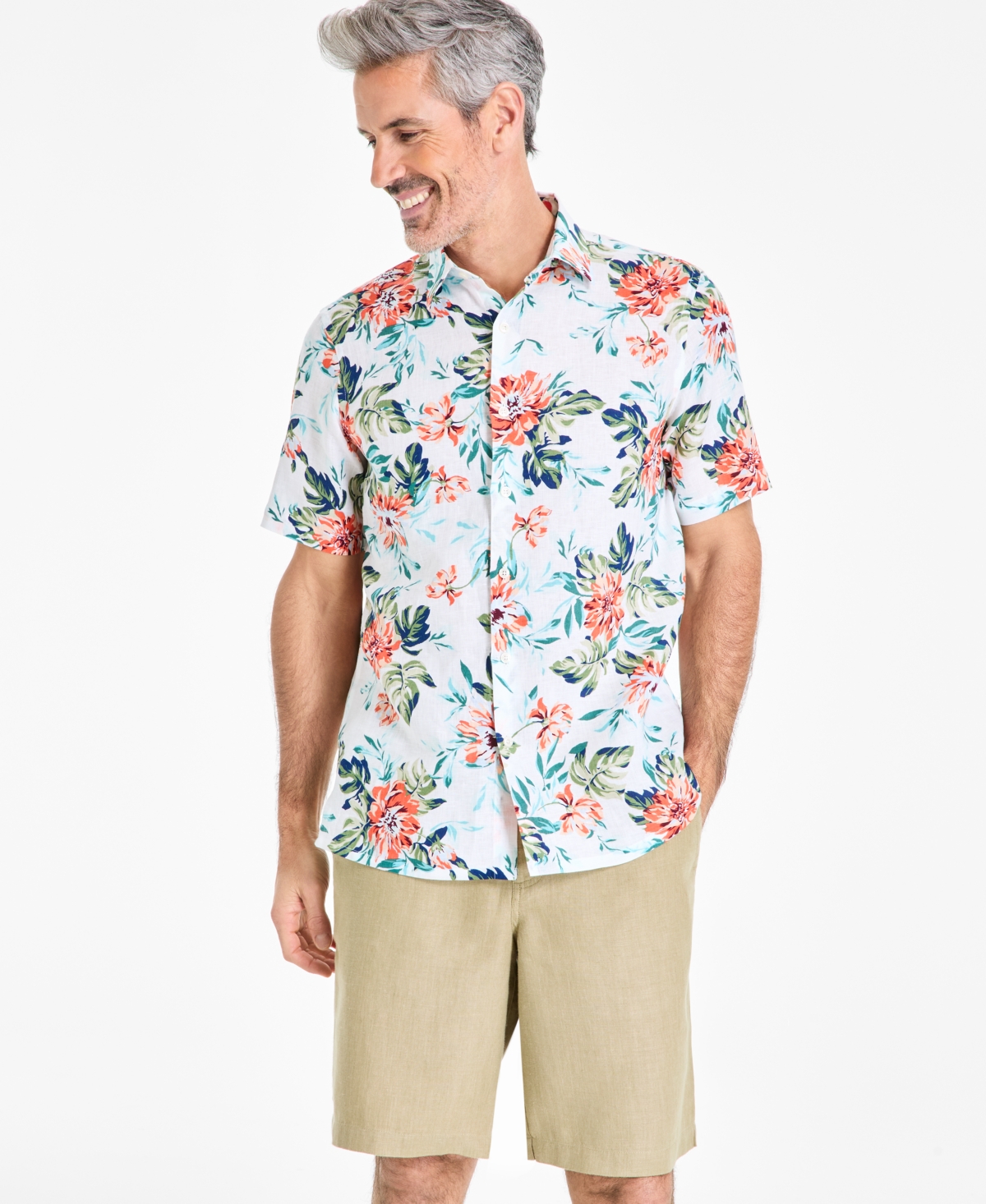 Men's Rally Floral Linen Short-Sleeve Shirt, Exclusively at Macy's - Bright Whi