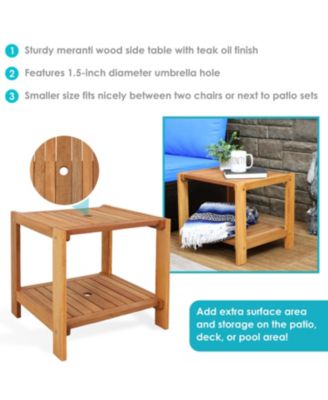 Outdoor Meranti Wood with Teak Oil Finish Wooden Patio Accent Side Table with Lower Shelf - 20" - Brown