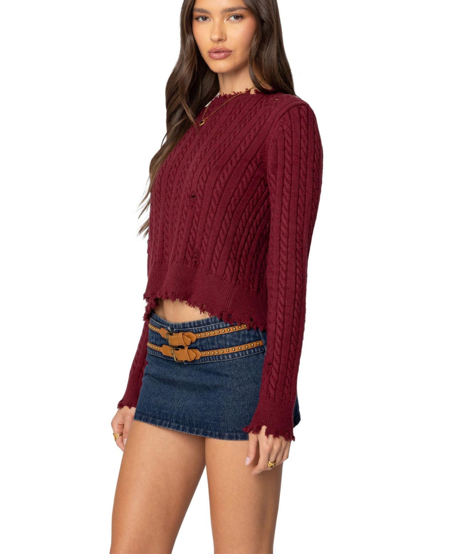 Женский свитер Edikted Split Open Back Cable Knit, цвет: Бордовый — фото 3