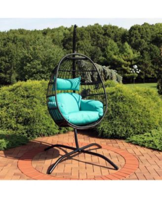 Dalia Resin Wicker Hanging Egg Chair with - Teal Polyester Cushions and Powder-Coated Steel Stand - 81 Inches H