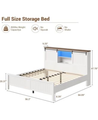 Farmhouse Bed Frame with LED Lights and Charging Station, Wooden Platform Bed with Storage Bookcase Headboard, Bed Frame with Sliding Barn Door, No Box Spring Needed
