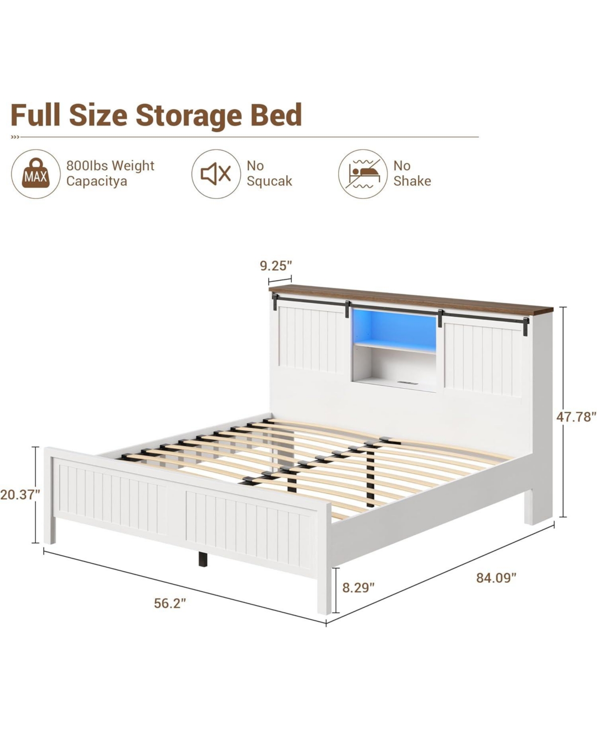 gaomon Farmhouse Bed Frame with Led Lights and Charging Station, Wooden Platform Bed with Storage Bookcase Headboard