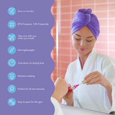Microfiber Hair Towel Wrap, 2-Pack – Quick-dry turban for all hair types perfect for travel, home, women, men & kids