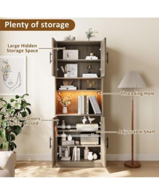 71" Tall Kitchen Pantry Storage Cabinet, Kitchen Hutch Storage Cabinet with Led Lights