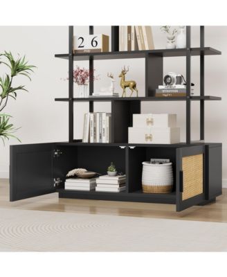 5 Tier Rattan Bookshelf with Storage Cabinet & Door