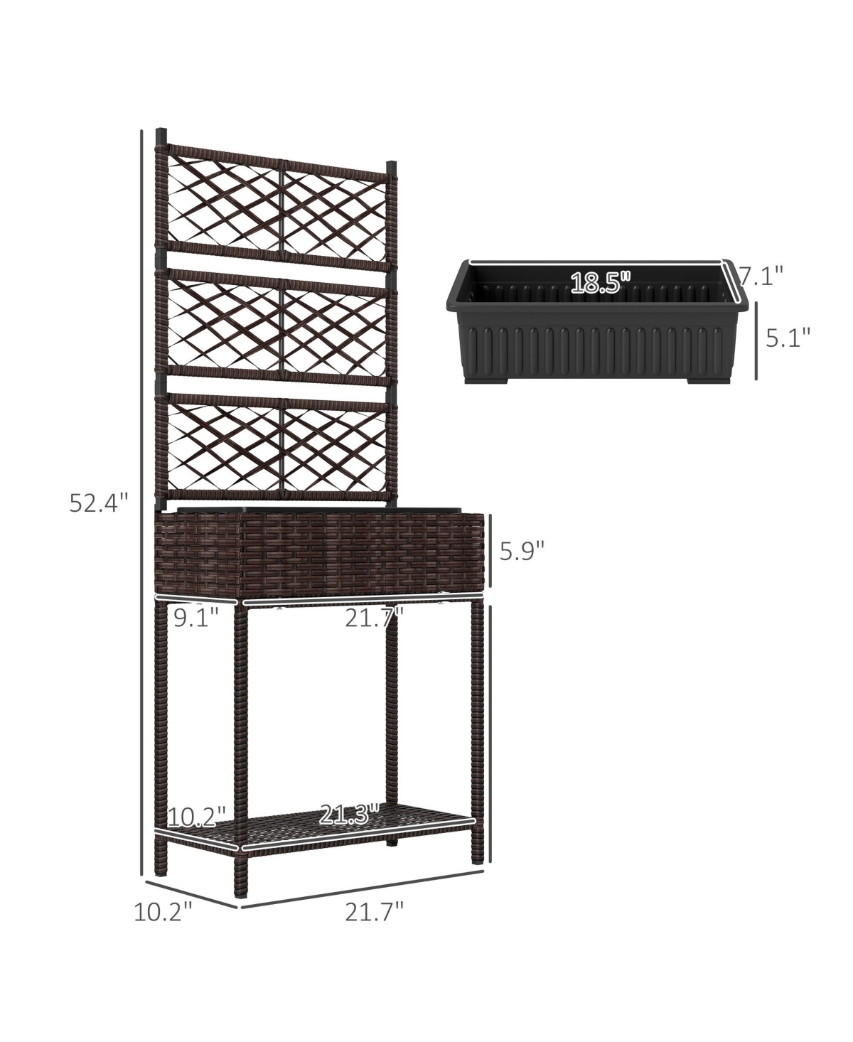 Rat Raised Planter Box with Trellis and Storage Shelf, - Brown