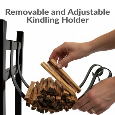 Indoor/Outdoor Steel Fire Pit or Fireplace Firewood Log Rack Holder with Kindling Storage Space - 33"