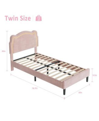 Twin Upholstered Smart LED Bed Frame with Adjustable Bear Headboard, Velvet Princess Platform Bed Frame for Kids/Girls, Wooden Slats Support, No Box Spring Needed, Easy Assembly