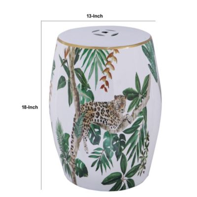 Accent Table with Drum Shape and Tropical Print for Vibrant Home Decor