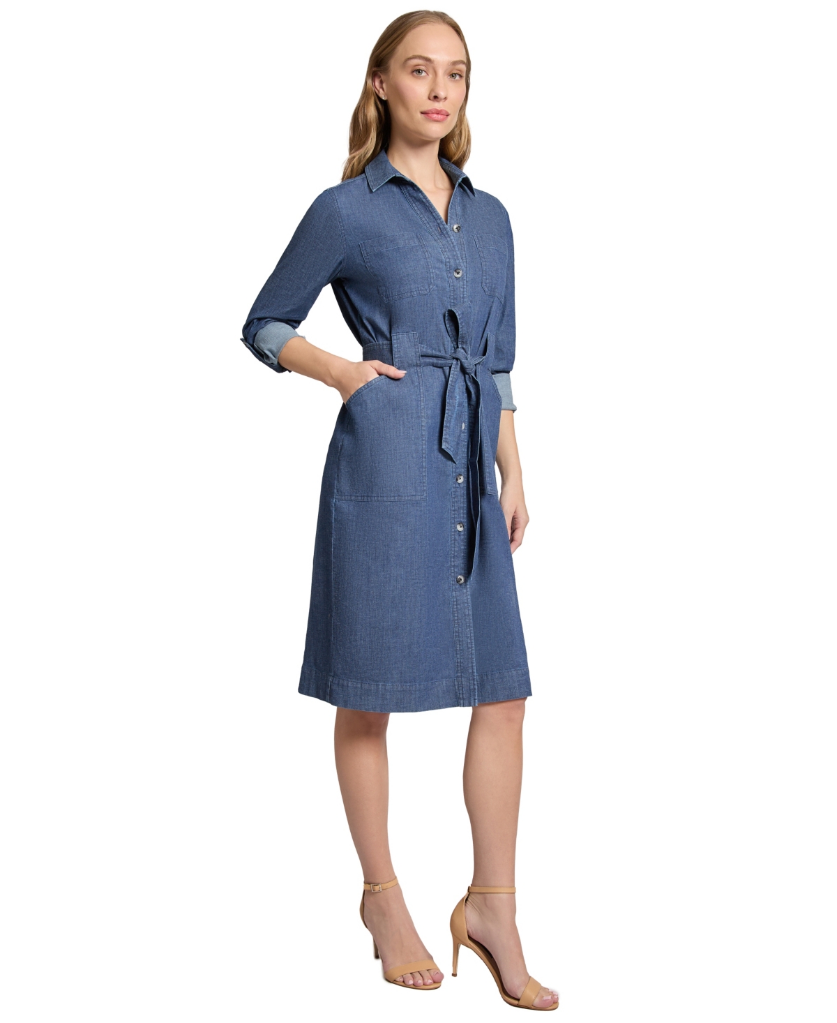 JONES NEW YORK WOMEN'S CHOP POCKET TIE DENIM COLLARED DRESS 