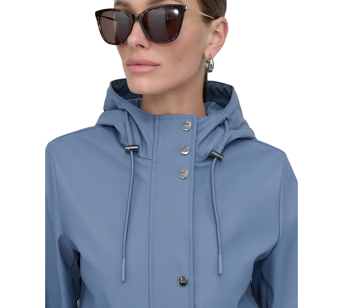Shop Dkny Petite Hooded Zip-front Water-resistant Raincoat In Denim (blue)