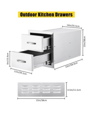 Outdoor Kitchen Drawers, Stainless Steel Flush Mount Double BBQ Storage Drawers, 14W x 23D x 15H Inches Built-in Access Drawers with Venting Panel for Kitchen Island Patio, Grill Station