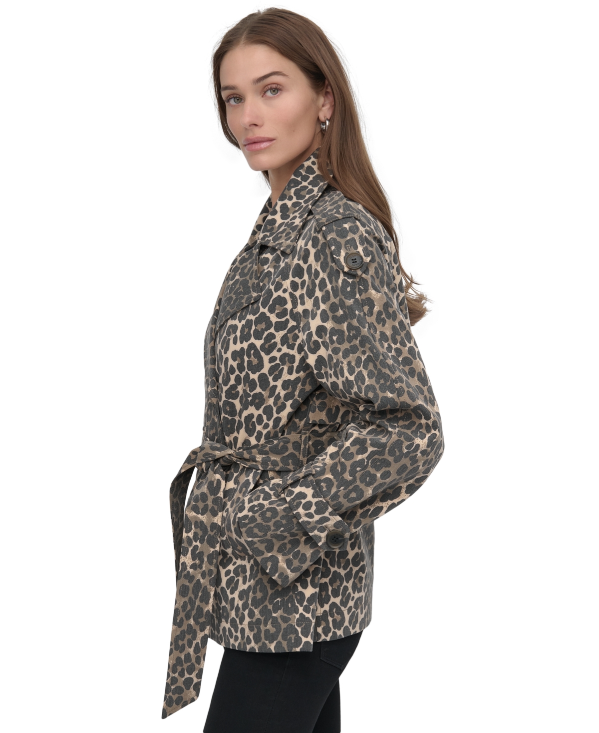 Shop Dkny Women's Short Belted Double-breasted Trench Coat In Leopard