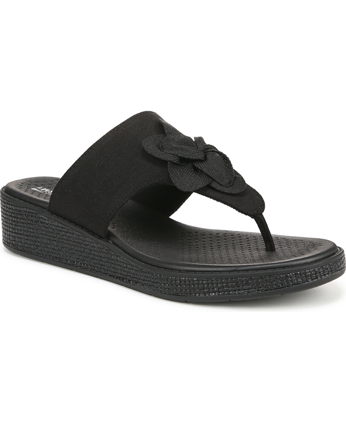Bzees Women's Bloom Washable Thong Slip On Wedge Sandals In Black Stretch Linen Fabric