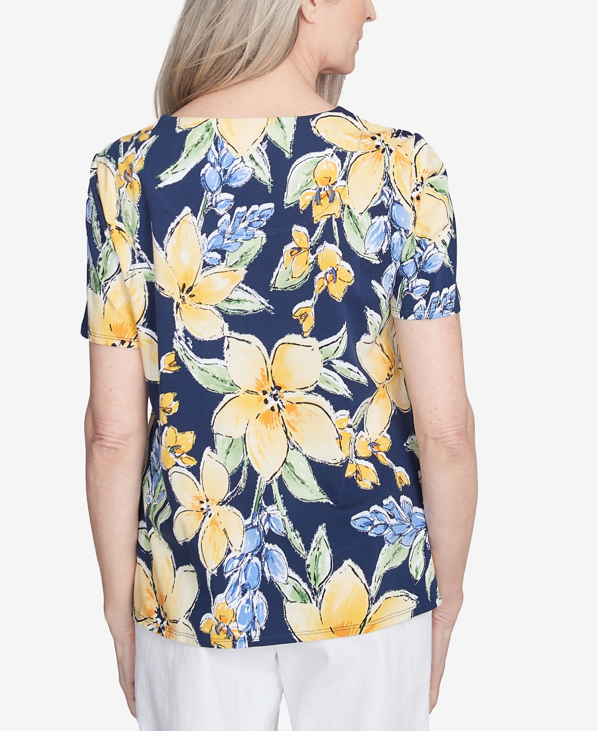 Alfred Dunner Petite Navy Floral Braided Crew Neck Top In Navy