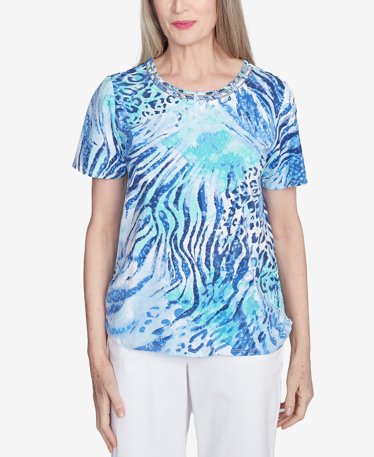 Alfred Dunner Plus Size Animal Printed Top With Ruched Sides In Blue