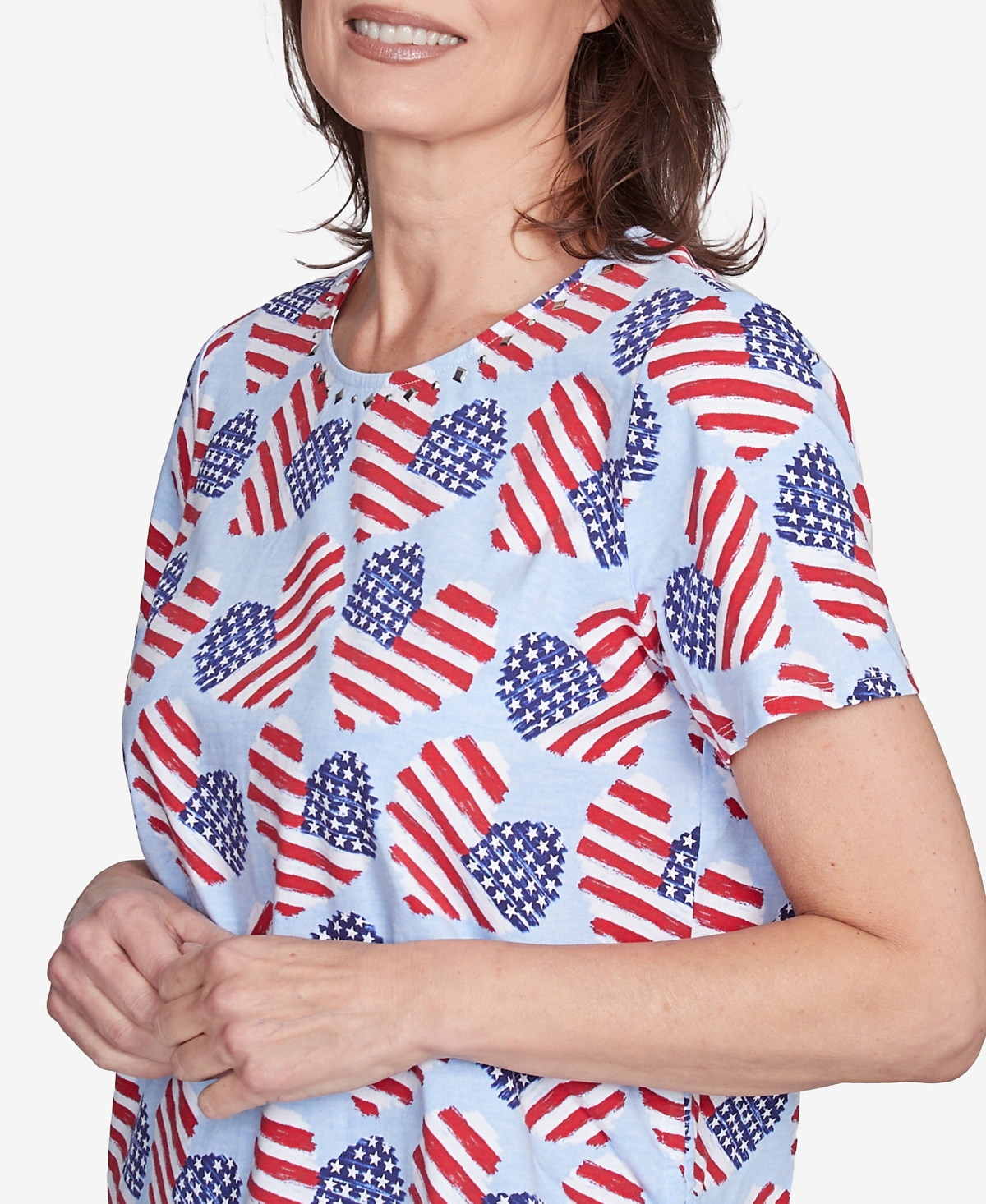 Alfred Dunner Petite All American Flag Hearts Three Quarter Sleeve Shirt In Blue