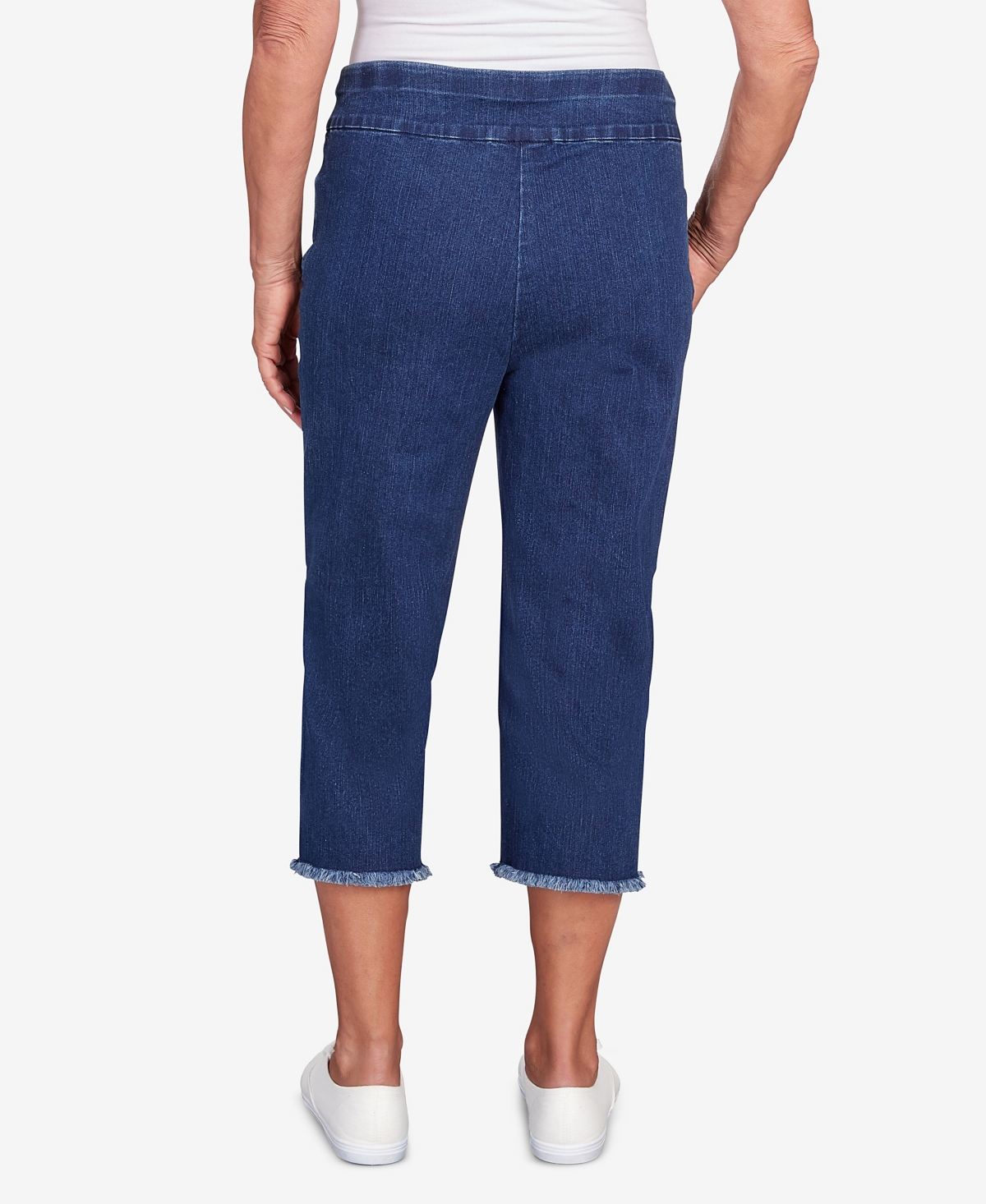 Alfred Dunner Petite Classic Neutrals Superstretch Denim Fringe Capri Pants In Dark Denim