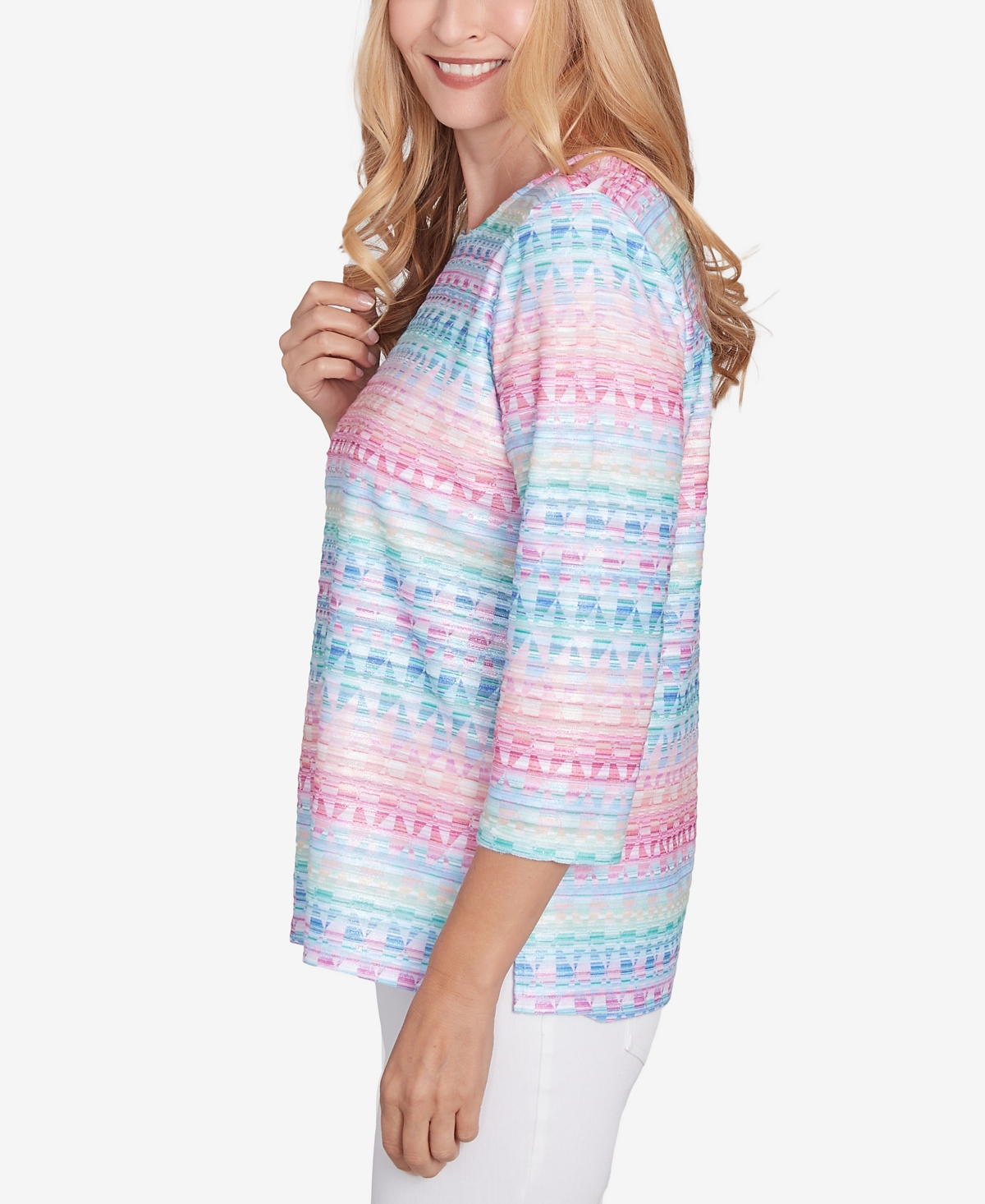 Alfred Dunner Petite Classics Geometric Crewneck Biadere Top In Multi Pink