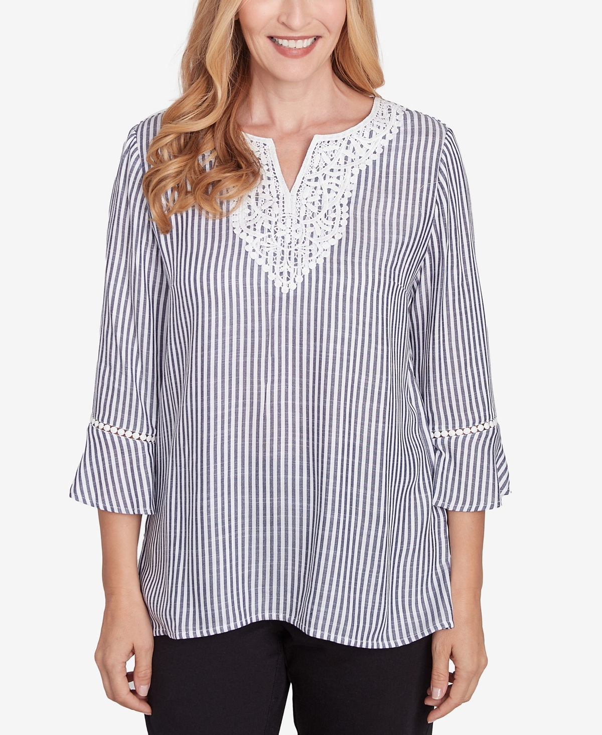 Alfred Dunner Women's Classic Embroidered Split Neck Striped Top In Black,white