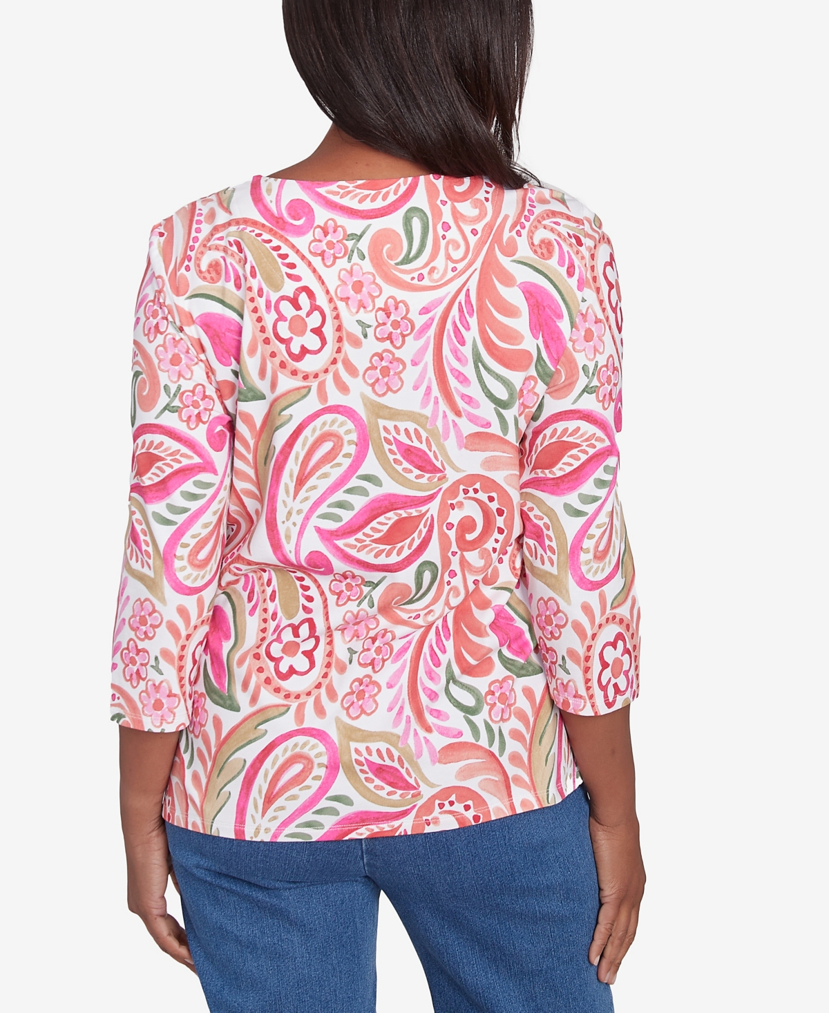 Alfred Dunner Petite Classics Embellished Crewneck Paisley Top In Coral