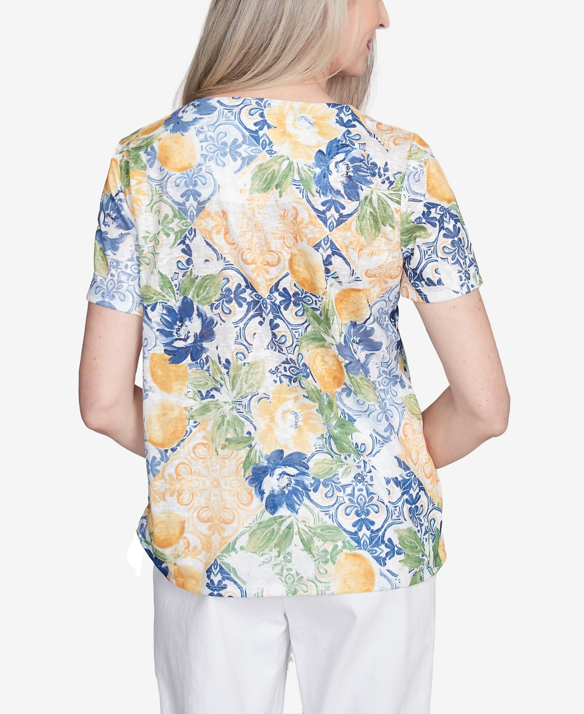 Alfred Dunner Plus Size Pleated Neck Lemons Short Sleeve Top In Yellow