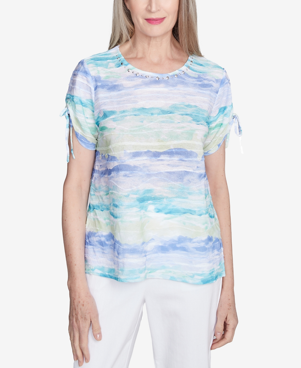 Alfred Dunner Women's Tied Short Sleeve Watercolor Top In Blue