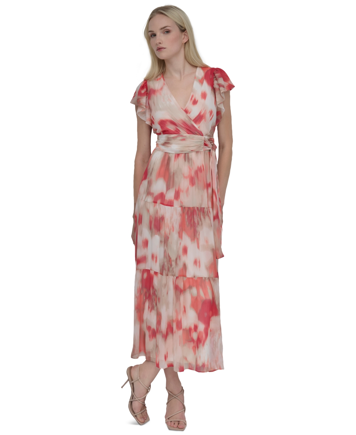 DKNY WOMEN'S PRINTED FLUTTER-SLEEVE TIE-WAIST MAXI DRESS 