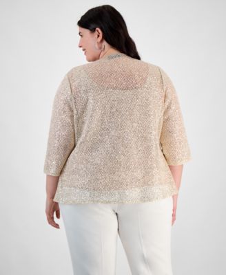 Plus Size Embellished 3/4-Sleeve Jacket & Sleeveless Top Set