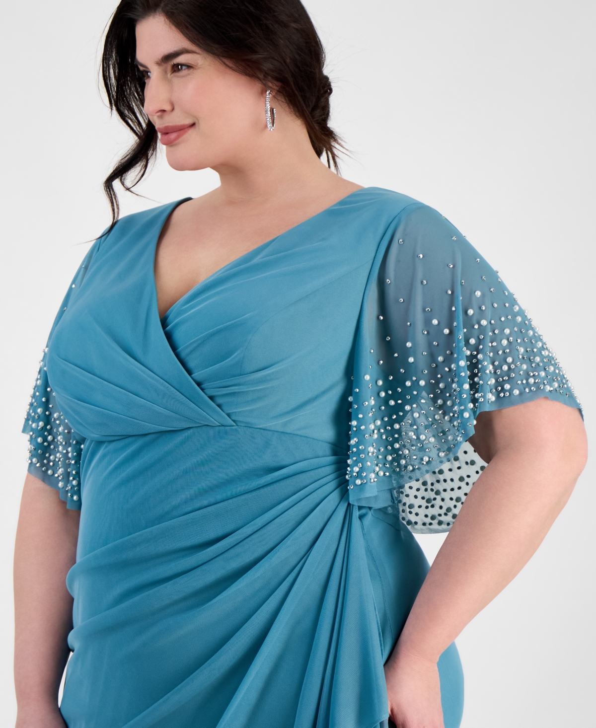 Alex Evenings Plus Size Embellished-sleeve Draped Chiffon Gown In Teal