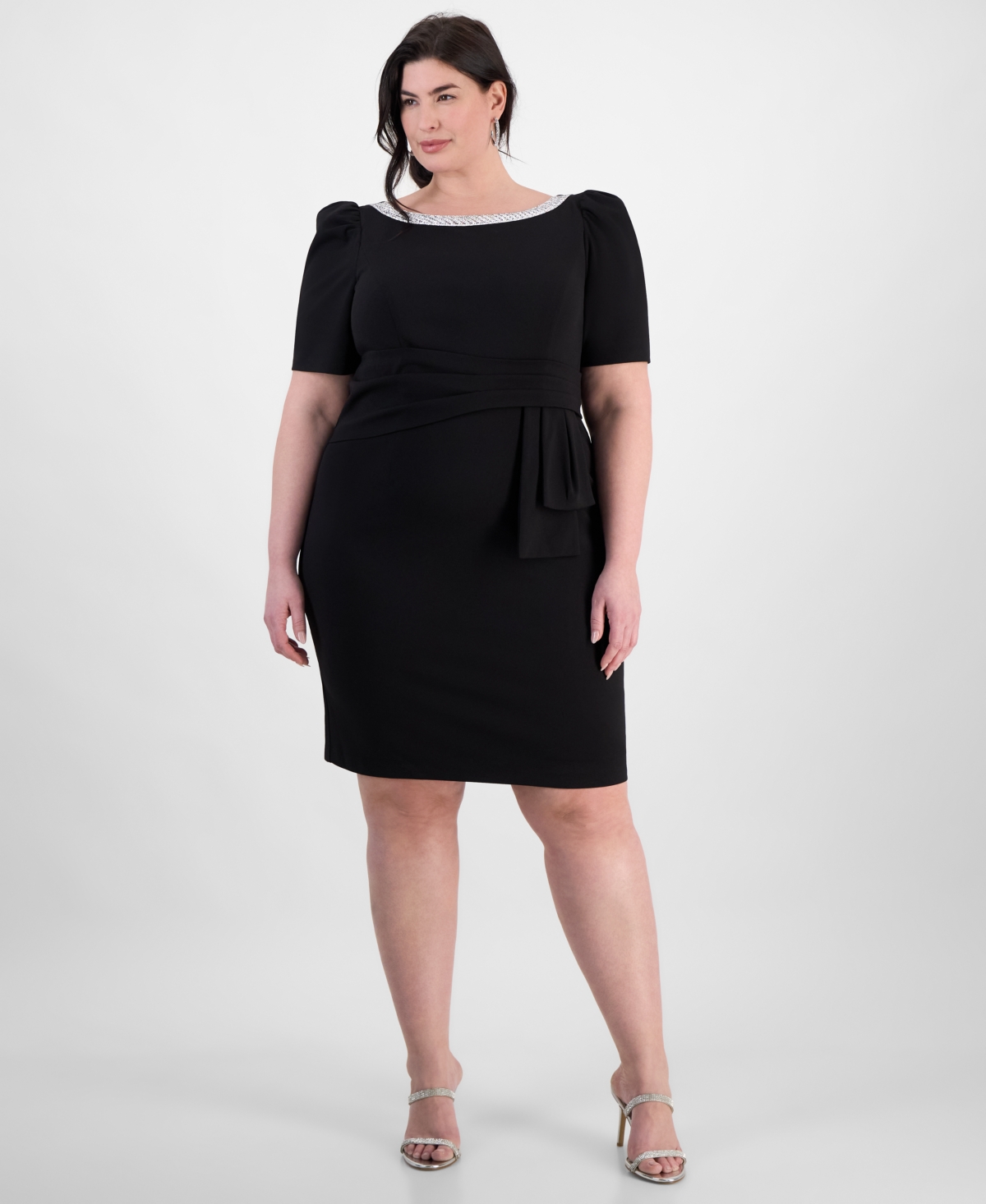 ALEX EVENINGS PLUS SIZE BOAT NECK PUFF-SLEEVE SHEATH DRESS 