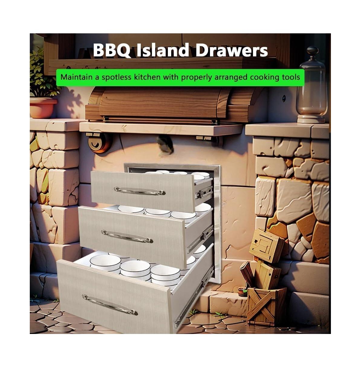 gaomon Outdoor Kitchen Drawer, 3-Layers Stainless Steel 14"x20.5"x23" Enclosed Built-in Flush Mount Outdoor Kitchen Access Drawer, Bbq Island for Outd