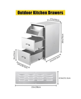 Outdoor Kitchen Drawer with Paper Towel Holder, Stainless Steel Flush Mount Triple BBQ Drawers, 17W x 21D x 30H Inches Built-In Access Drawer with Venting Panel for Patio, Grill Station
