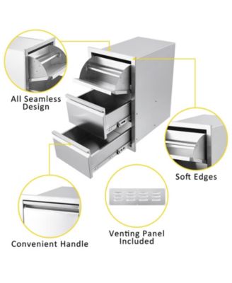 Outdoor Kitchen Drawers, Stainless Steel Flush Mount Triple BBQ Storage Drawers, 15.7W x 17.7D x 21.6H Inches Built-In Access Drawers with Venting Panel for Kitchen Island, Patio, Grill Station