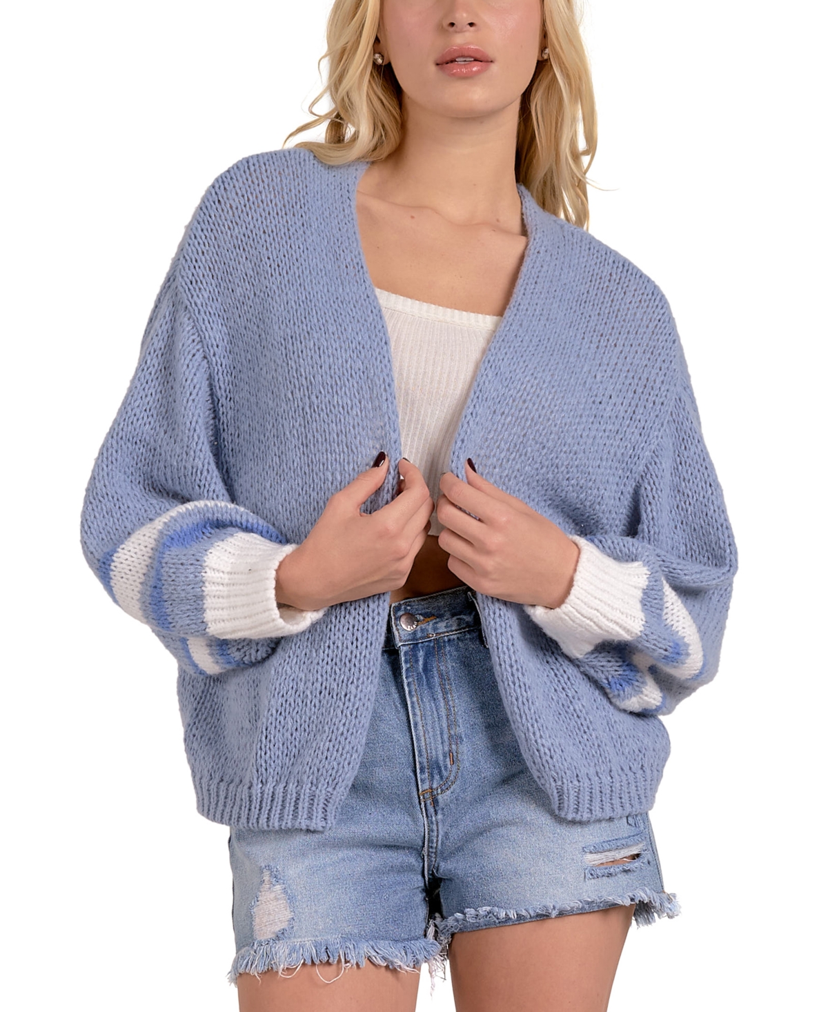 Shop Elan Women's Cotton Collarless Open-front Knit Cardigan In Blue